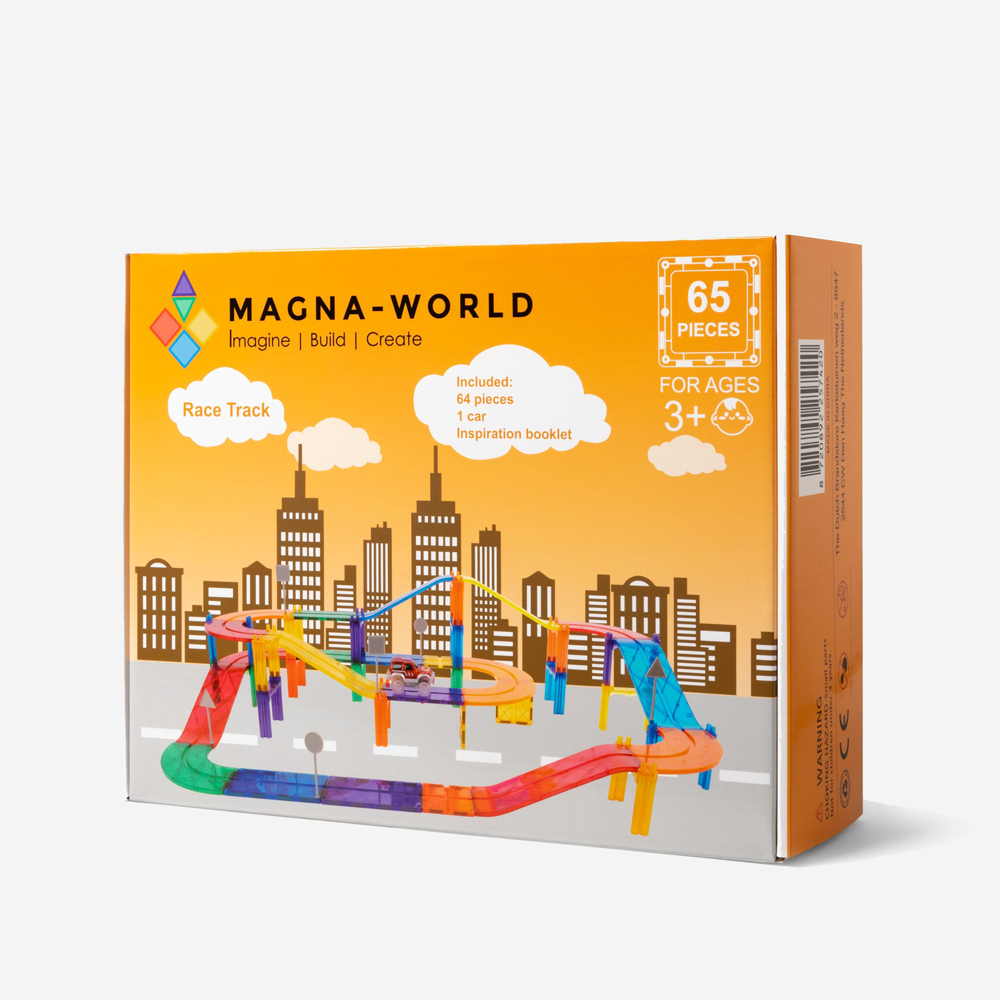 Magna World® Race Track 65 stuks - Magnetische bouwstenen en racebaanonderdelen in kleurrijke set
